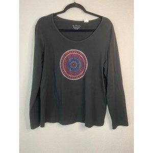 Chico's sz 3 (an XL) black,‎ long sleeve rhinestone front stretch knit blouse